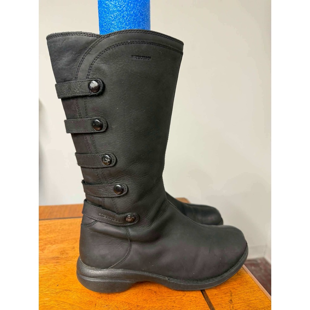 Merrell Womens 8 Black Leather Captiva Boots Waterproof J69150 Mid Calf Strappy